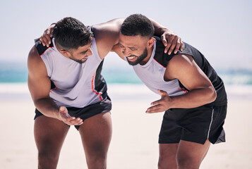 Canvas Print - Teamwork, beach or men planning a volleyball strategy for sports motivation, mission or support in summer. Smile, fitness match or happy athletes in huddle for goals, target or training game outdoors