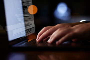 Aufkleber - Laptop, coding and hands typing at night with information technology, programming and cybersecurity overlay. Person on computer closeup for software development, tech research and big data analysis