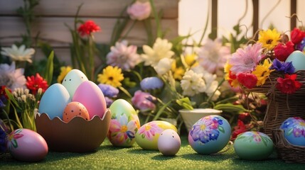 Canvas Print - Easter eggs in a basket with flowers and grass, AI