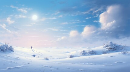 Wall Mural - A person walking in the snow on a sunny day, AI