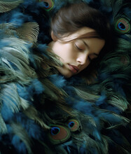 Portrait Of Sleeping Woman With Peacock Feathers