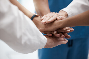 Sticker - Teamwork, medical support and hands of doctors working as a team for success in healthcare at a hospital. Nurse, surgeon and worker with solidarity, help and collaboration at a clinic for work