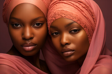 Glamorous portrait of two women wearing pink Muslim veils.