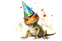 Little Cute Lizard Wearing Party Hat Isolated Against Transparent Background In Watercolor Painting Style