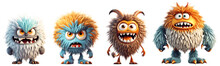 Set Of Funny Shaggy Furry Angry Monsters With Big Eyes And Mouths With Big White Teeth, Isolated On Transparent Background. Children's Cartoon Characters Or Cute Soft Toys. Generative AI