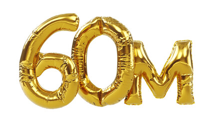 Wall Mural - 3D render of gold sixty million or 60m isolated on white background, 60M followers thank you, balloons number