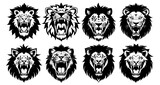 Fototapeta  - Set of lion heads with open mouth and bared fangs, with different angry expressions of the muzzle. Symbols for tattoo, emblem or logo, isolated on a white background.