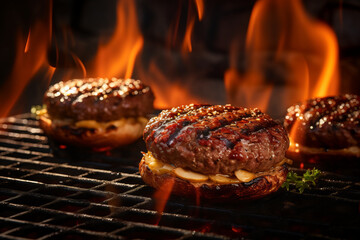 Wall Mural - Tempting mouthwatering burgers served with crispy golden fries lettuce, Juicy burger with veal cutlet, cheddar cheese and vegetables. Close-up, side view. On a dark background