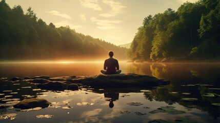 Poster - A man meditating in the middle of a lake at sunrise, AI