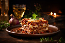 Close-up Tempting Lasagna With Bolognese Sauce And Melted Cheese. Savoring Layers Of Delicious Lasagna, Traditional Italian Cuisine