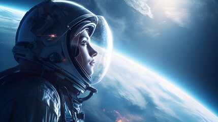 Wall Mural - Portrait of an attractive female astronaut wearing a helmet in outer space, looking at planet Earth. Space travel and exploration concept.