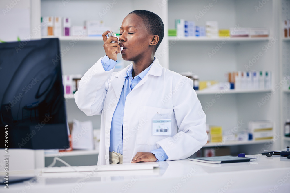 Black woman, pharmacist and asthma inhaler for relief, breathing or ...
