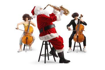 Wall Mural - Santa claus playing a saxophone and young man and woman playing cellos