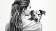 Monochrome illustration of woman with dog, generative ai