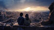 Children overlooking war-torn city at sunset, generative ai