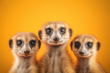 Wall Mural - Three cute meerkats (Suricata suricatta) curiously peeking over yellow background. Funny animals family. Wildlife, safari. Exotic pet concept. Banner about pets with copy space