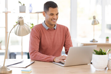 Aufkleber - Laptop, office and happy man planning for company startup website design, digital review or editing proposal report. Computer network, email management and worker, person or manager at typing at desk