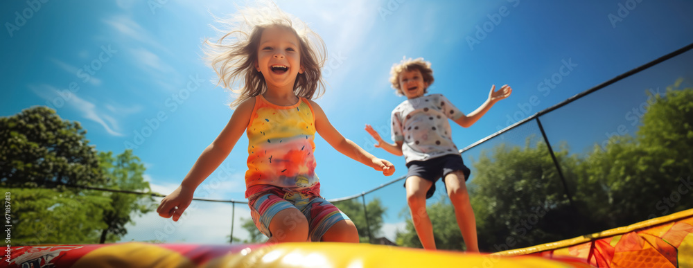 two happy kids friends boy and a girl jumping happy and excited playing ...