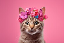 Beautiful Cat Wearing A Crown Of Flowers And Butterflies On Pastel Pink Background. Cute Animal With Flower Wreath And Butterfly On His Head. Spring Female Concept 