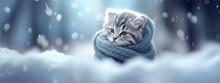 Cute Funny Fluffy Kitten Sitting In Blue Warm Knitted Scarf On Blurred Snowy Winter Background. Animal Shelter And Pet Shop Concept. Design With Cat For Poster, Banner, Card, Calendar With Copy Space