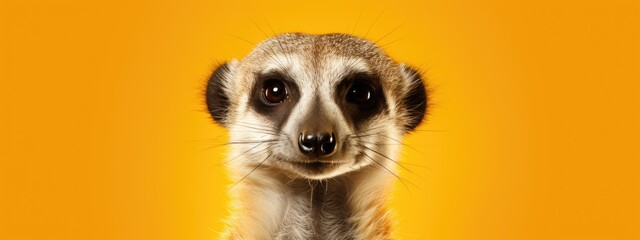 Wall Mural - Cute meerkat (Suricata suricatta) curiously peeking over yellow background. Funny animals. Wildlife, safari. Exotic pet concept. Banner about pets with copy space