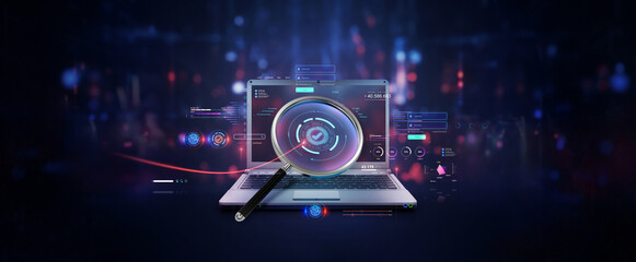 futuristic datum infographic charts analysis of corporate laptop antivirus or phishing malware attach detection cleanup service or finding and searching database files on screen with magnifier lens