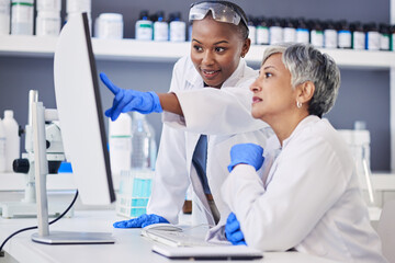 Wall Mural - scientist, team and women in lab, computer with digital science experiment results and medical resea