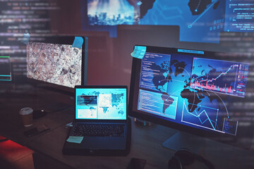 Leinwandbilder - Computer, location hacking and cybersecurity, hologram screen with software for futuristic technology in office. Data protection, overlay and dashboard tech, virtual reality map and satellite info.