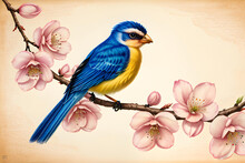Vintage Chinese Watercolor Painting Of Exotic Bird On Cherry Blossom Branch. Generative Ai