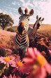 Smiling two zebras taking selfie on beautiful meadow full of flowers,good colorful lights.