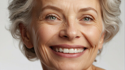 A captivating close-up of a 60s senior woman captures her elegance, natural beauty, and silver hair's allure