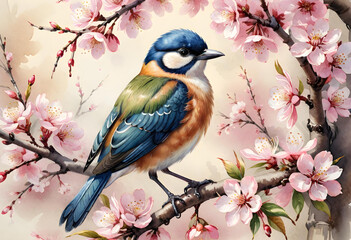 Naklejka na meble vintage chinese watercolor painting of exotic bird on cherry blossom branch. generative ai