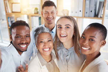 Poster - Selfie, bonding and portrait of business people at work for team building, fun and collaboration. Friends, teamwork and happy employees smiling for a photo, office memory and diversity together