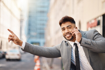 Aufkleber - Business man, phone call and stop at taxi, transport and smile with smartphone, booking and city sidewalk. Entrepreneur, phone and pointing for driver, car or chauffeur in metro road, cbd and outdoor