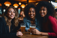 Group Of Young Ladies Laughing, Drinking Having Fun In The Bar