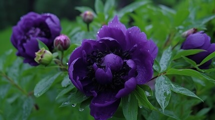 Canvas Print - Beautiful black purple peonies after rain purple wallpaper image AI generated art