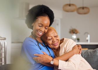 Canvas Print - Black people, hug and nurse in elderly care for support, trust or healthcare in old age home. Happy African female person, caregiver or medical professional with senior patient in retirement on sofa