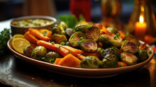 Closeup Of A Colorful Vegetable Platter, Featuring Roasted Carrots, Brussels Sprouts, And Pars, Tossed In A Homemade Garlic And Herb Seasoning, Ideal For A Whole30 Christmas Dinner.