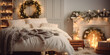 A tiny loft bedroom is decorated with a string of garland and a mini wreath, illuminating the space with a warm and welcoming holiday glow.
