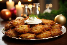 A Serving Of Israeli Latkes, Crispy Potato Pancakes Often Served During Hanukkah But Also A Popular Dish During Christmas For Those Of Jewish Descent. Served With Applesauce Or Sour Cream,