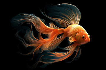 Wall Mural - Beautiful goldfish yellow fancy tail species care black background picture AI generated art