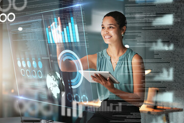 Wall Mural - Black woman with tablet, smile and dashboard overlay for erp data innovation, research and programming in future technology. Futuristic analytics, IT management and startup business website software.