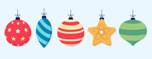 Holiday Ornaments Set. Christmas And New Year Decorations. Colorful And Modern In Various Shapes With Stars, Stripes, And Lines. Vector Illustration.