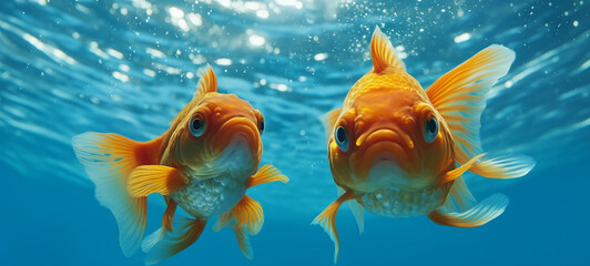 Wall Mural - two goldfish in blue water