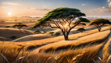 Fototapeta  - Sunrise savanna  grass fields in Africa 

