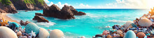 Panorama Of Ocean Beach On A Sunny Day With Big Rock And Many Shells. Seascape Illustration With Sand Beach, Turquoise Water And Sky With White Clouds. Generative AI