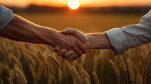 Two Farmers Shake Hands In Front Of A Wheat Field.