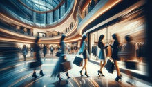 Abstract Blurred Shopping Mall Background With Stylish Shoppers And Motion Blur Effect, Featuring Women Looking At Showcases And Shoppers With Shopping Bags