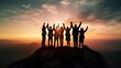 © pinkrabbit - Silhouette of business team stand and feel happy on the most hight at stand on sunset, success, leader, teamwork, target, Aim, confident, achievement, goal, on plan, finish, generate by AI
