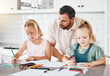 © Clement C/peopleimages.com - Education, learning and homework with a little girl, her sister and her dad drawing, writing or coloring in the kitchen at home. Single father helping, assist and teaching his daughters about school